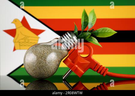 Bouchon, plante poussant à l'intérieur de l'ampoule et drapeau du Zimbabwe. Concept d'énergie renouvelable écologique. Banque D'Images