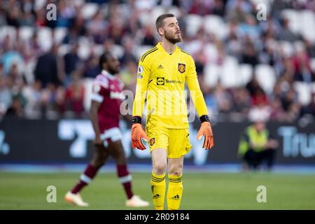 David de Gea de Manchester United gestes lors du match de la Premier League entre West Ham United et Manchester United au London Stadium, Stratford, le dimanche 7th mai 2023. (Photo: Federico Guerra Maranesi | MI News) Credit: MI News & Sport /Alamy Live News Banque D'Images