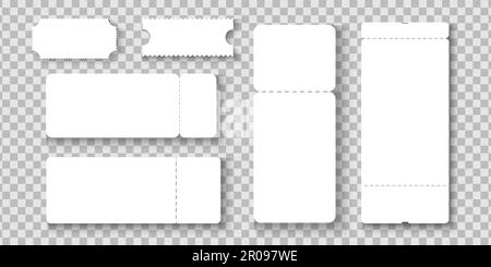 Lot de billets vides ou de maquettes de loterie. Billets d'entrée en papier vierge pour l'avion, le concert, le cinéma, le musée, le festival, théâtre, exposition isolée sur fond transparent. Illustration vectorielle réaliste Illustration de Vecteur