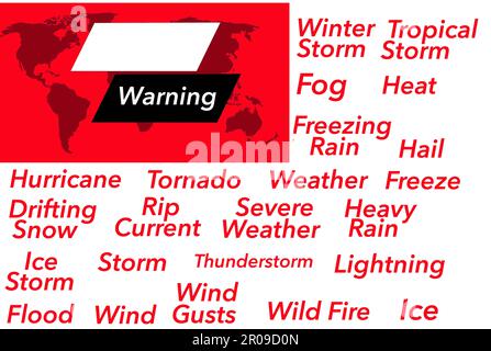 Voici une télévision ou un site Web au-dessus de l'épaule avertissement météo bannière de nouvelles avec 23 mots les plus utilisés pour copier et coller dans le design graphique comme nee Banque D'Images