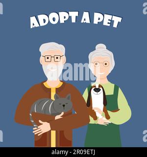 Grand-père et grand-mère avec animaux de compagnie. Adoptez un chien ou un chat à partir d'un abri. Illustration vectorielle avec animaux. Illustration de Vecteur