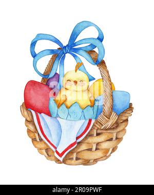 Illustration aquarelle d'un panier en osier avec un arc bleu et des œufs peints en lui et un poulet. Panier des fêtes de Pâques.Design pour carte, bannière, circulaire, Banque D'Images
