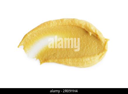 Une délicieuse moutarde, isolée sur une surface blanche, vue de dessus Banque D'Images