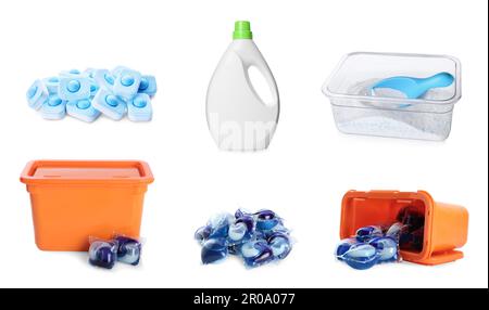 Mettez en place avec différents produits de lessive sur fond blanc Banque D'Images