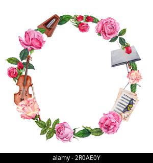 Motif couronne aquarelle. Musique classique avec violon, Music Stand, Sheet Music et Metronome décorés de belles roses Banque D'Images