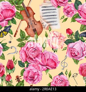 Motif sans couture avec roses aquarelles, violons et notes de musique sur fond jaune pastel Banque D'Images