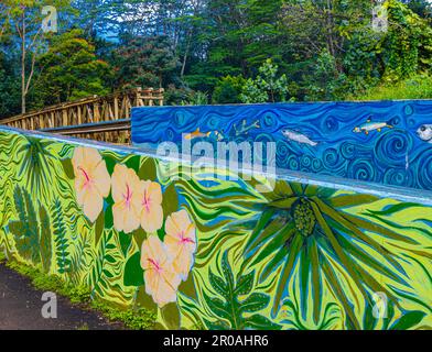 Pont peint au-dessus du ruisseau Keahua à l'arboretum Keahua, Kauai, Hawaii, États-Unis Banque D'Images
