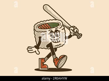 Motif mascotte représentant un rouleau de sushi tenant un bâton de baseball de style vintage Illustration de Vecteur