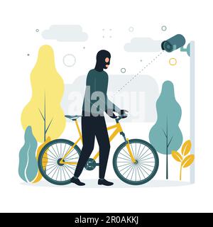 CCTV. Illustration vectorielle un homme masqué vole un vélo, une caméra de surveillance le retire. Une caméra de surveillance capture un crime, un criminel masqué Illustration de Vecteur