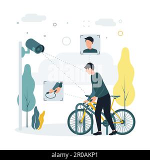 CCTV. Illustration vectorielle un homme vole un vélo, une caméra de surveillance le retire. Une caméra de surveillance capture un crime, un homme avec un couteau Illustration de Vecteur