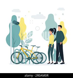 CCTV. Illustration vectorielle Un homme et une femme se tiennent près d'un parking à vélo avec des vélos, une caméra de surveillance est en train d'être filmée, sur l'arrière-plan sont Illustration de Vecteur