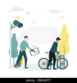 CCTV. Illustration vectorielle un homme vole une bicyclette, une caméra de surveillance la transporte et transfère des données à une personne sur une tablette qui la voit et tente du faire Illustration de Vecteur