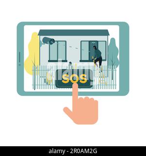 CCTV. Illustration vectorielle d'un voleur masqué montant une fenêtre sur un escalier, une caméra de surveillance supprime ce phénomène, les données sont transférées vers une tablette Illustration de Vecteur