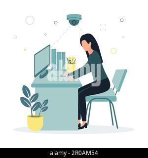 CCTV. Illustration vectorielle une caméra de surveillance photographie une femme assise à une table sur une chaise, travaillant à un ordinateur, à côté d'une chemise, un pot de fleurs Illustration de Vecteur