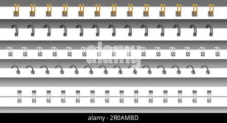 Reliure spirale réaliste pour ordinateur portable pour maquette de calendrier. Anneau en métal et en plastique sur le gabarit de papier journal. Collection de reliures d'albums noirs isolés pour papier à lettres sur fond transparent. Illustration de Vecteur