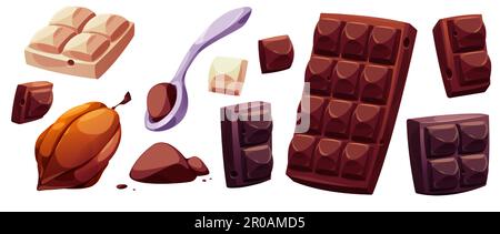 Morceaux de barres de chocolat noir, de lait et blanc, fèves de cacao et poudre. Morceaux et blocs de chocolat doux brun, cuillère et pile de cacao moulu, ensemble de dessins animés vectoriels Illustration de Vecteur