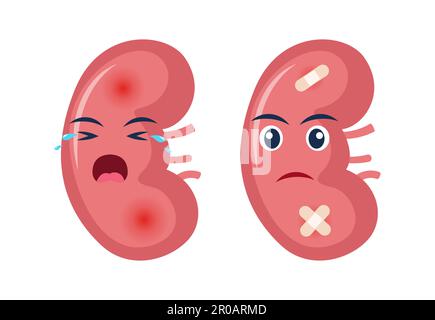 Rein malade avec douleur ou maladie. Triste personnage de dessin animé rein, organe de corps blessé ou malsain. Anatomie de dessin animé humain, médecine des enfants. Vecteur Ill Illustration de Vecteur