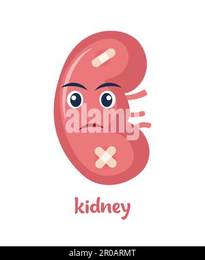 Rein malade avec douleur ou maladie. Triste personnage de dessin animé rein, organe de corps blessé ou malsain. Anatomie de dessin animé humain, médecine des enfants. Vecteur Ill Illustration de Vecteur