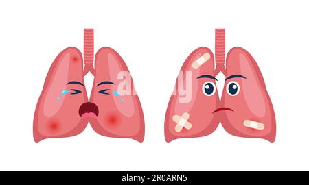 Poumons malades avec douleur ou maladie. Triste personnage de dessin animé poumons, organe de corps blessé ou malsain. Anatomie de dessin animé humain, médecine des enfants. Vecteur illus Illustration de Vecteur