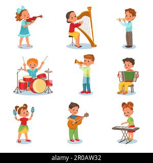 Enfants jouant des instruments de musique. Petits musiciens. Garçons et filles avec violon. Spectacle musical. Joueurs de harpe ou d'accordéon. Concert de l'orchestre Illustration de Vecteur