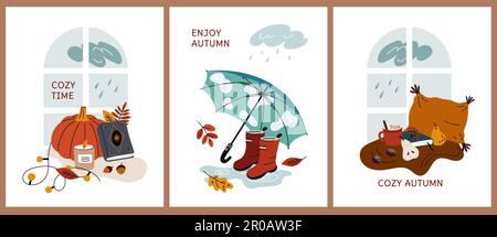 Éléments automnaux confortables. Accessoires et objets d'automne mignons. Affiches automnales. Citrouille orange. Feuilles herbier. Parapluie et bottes en caoutchouc. Pluie à l'extérieur Illustration de Vecteur