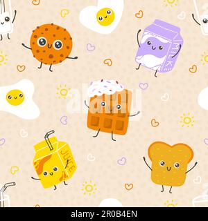 Motif mignon avec personnages du petit déjeuner. Biscuits, gaufres, lait et jus. Motif coloré pour les vêtements, la literie et bien plus encore. Illustration de Vecteur