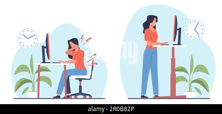Une femme travaille dans un bureau assis à l'ordinateur ou debout à l'aide d'un bureau. Lieu de travail à domicile ou au bureau. Table ergonomique, poste de travail sain. Dessin animé Illustration de Vecteur
