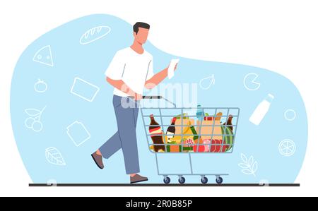 Jeune homme au supermarché avec une liste de courses et un chariot plein de provisions. Personnage masculin moderne avec chariot et liste, achetant de la nourriture dans le centre commercial, dessin animé plat Illustration de Vecteur