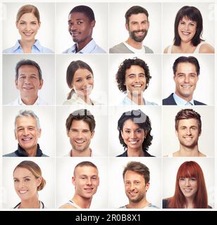 Divers, visage collage ou portrait de personnes heureuses dans un groupe communautaire ou une société avec des photos. Diversité, image de profil ou mosaïque d'hommes ou de femmes Banque D'Images