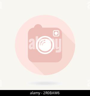 Icône plate rose de l'appareil photo dans le cercle avec une ombre longue Banque D'Images