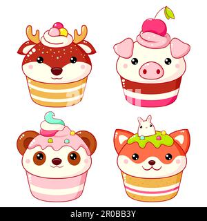 Ensemble de desserts doux en forme d'animaux dans le style kawaii. Gâteau, muffin et cupcake à la crème fouettée et aux baies. Cerf, panda, renard et cochon. Vecteur illu Banque D'Images