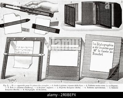 Divers dispositifs pour écrire pour les aveugles. 1 Signora della casa piston guide, 2 Resto-verso Laas d'Aguen tablet, 3 Danish Gildberg tablet, 4 règles anglaises, 5 règle Ballu française, 6 tablette autrichienne 7, tablette braille française, 8 stylo Beaufort. Ancienne gravure du 19th siècle de la nature 1887 Banque D'Images