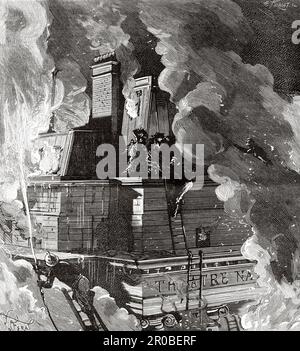 Le Théâtre Royal de l'Opéra Comique pendant le feu de la nuit entre le 25 et le 26 mai 1887, Paris. France. Ancienne gravure du 19th siècle de la nature 1887 Banque D'Images