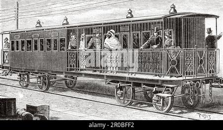 Wagon de chemin de fer avec couloir extérieur de la compagnie de chemin de fer Bone et Guelma, Algérie. Afrique. Ancienne gravure du 19th siècle de la nature 1887 Banque D'Images