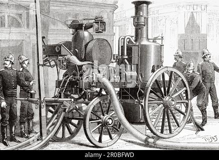 Matériel de brigade des pompiers de Paris, Thirion system pompe à incendie à vapeur, France. Ancienne gravure du 19th siècle de la nature 1887 Banque D'Images