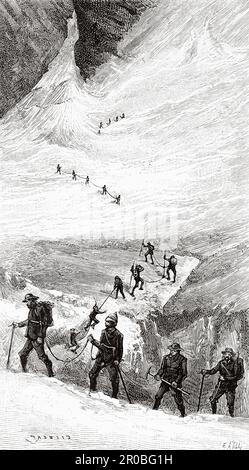 Ascension au Mont blanc par Joseph Vallot et Richard avec vingt-quatre guides 27 juillet 1887. France. Ancienne gravure du 19th siècle de la nature 1887 Banque D'Images