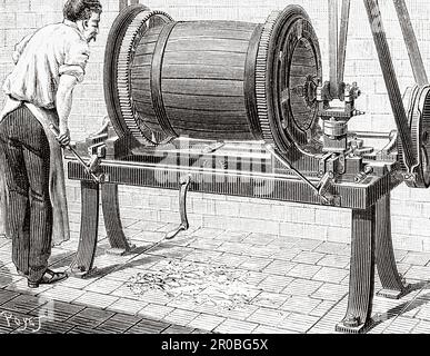 Machine de poinçonnage, biseautage et chanfreinage pour fûts de modèle Montréal. Ancienne gravure du 19th siècle de la nature 1887 Banque D'Images