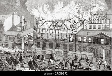Le Théâtre royal de l'Opéra comique pendant le feu sur 6 avril 1763. Paris, France. Ancienne gravure du 19th siècle de la nature 1887 Banque D'Images