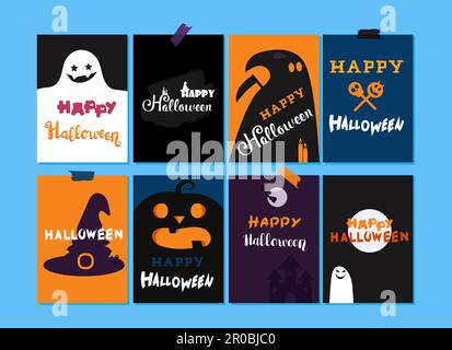 Ensemble de modèles de lettrage Happy Halloween. Concept Trick or Treat pour l'impression, le tissu, le message d'accueil, la carte, la bannière, t-shirt. Affiche avec texte halloween, fantôme, Illustration de Vecteur