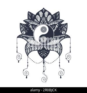 Yin et Yang millésime dans le Mandala Lotus. Symbole Tao pour l'impression, tatouage, livre de coloriage, tissu, t-shirt, yoga, henné, tissu de style bohémien. Mehndi, occulte a Illustration de Vecteur