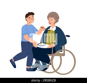 Aimer le petit-enfant à nourrir ses vieux mobilité granny dans le fauteuil roulant holding et subvenir à ses besoins. Family support concept illustration. Heureux fils prendre soin Banque D'Images