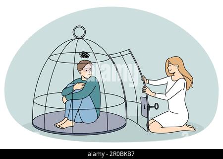 Femme aidant malheureux homme déprimé enfermé dans la cage souffrent d'abus et d'oppression. Homme sans défense sous contrôle et dépendance sauvé par la femme. Abus psychologique. Illustration vectorielle. Illustration de Vecteur