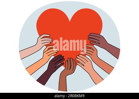 Les mains de personnes diverses ont un énorme coeur montrer des soins et de l'amour à la société. Les personnes multiraciales qui participent à des activités de bienfaisance ou de bénévolat aident ceux qui en ont besoin. Soutien et aide à l'échelle mondiale. Illustration vectorielle. Illustration de Vecteur