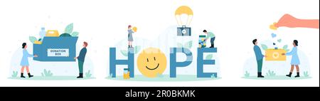 Illustration vectorielle de l'ensemble des services caritatifs. Dessin animé main tenant le cadeau de coeur pour investir et donner aide et soutien, aide humanitaire et soins à la boîte de don, travail à but non lucratif de personnes minuscules et mot d'espoir Illustration de Vecteur