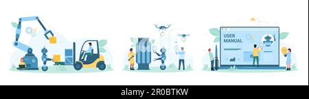La technologie de l'IA et les robots dans l'industrie définissent l'illustration vectorielle. Cartoon minuscules personnes automatisent la distribution, contrôler les machines dans l'entrepôt d'usine, les clients travaillent avec le soutien chatbot dans l'application mobile Illustration de Vecteur