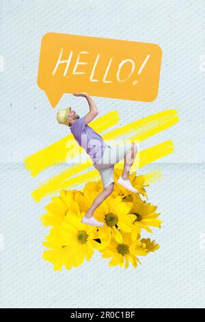 Image de collage vertical de mini drôle de gars stand Marguerite fleurs bras tenir énorme bonjour dialogue bulle isolée sur fond de papier Banque D'Images