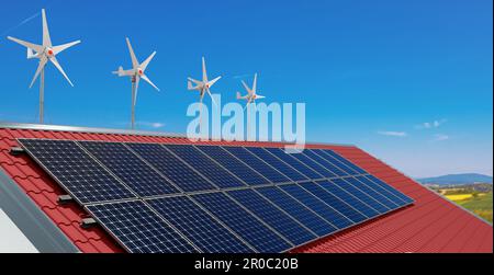 Petites éoliennes et panneaux d'énergie solaire sur le toit d'une maison privée, 3D Illustration Banque D'Images