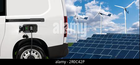 lectric van sur un fond de panneau solaire et d'éoliennes. Photo de haute qualité Banque D'Images