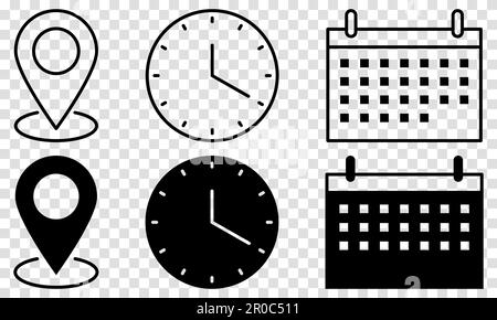 Icônes d'heure, de date et d'adresse. Illustration vectorielle isolée sur fond transparent Illustration de Vecteur