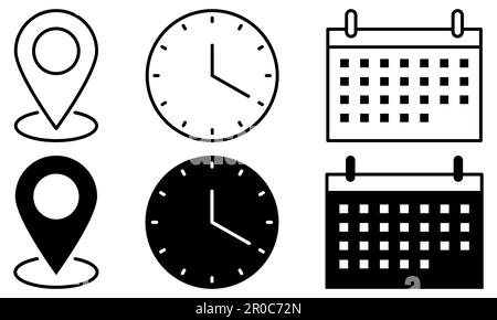 Icônes de vecteur d'heure, de date et d'adresse. Éléments d'événement isolés sur fond blanc Illustration de Vecteur